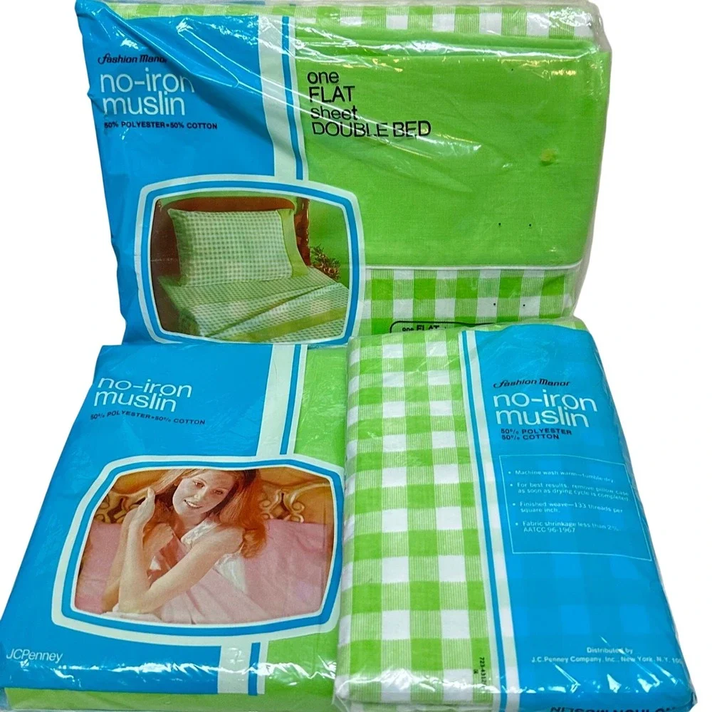 Vintage JCPenney Fashion Manor Gingham Flat Sheets Double Green White 3pc NIP